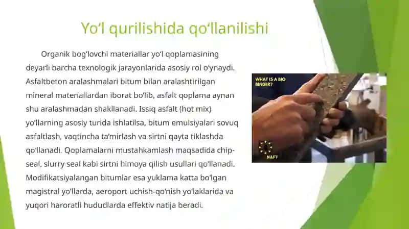 Organik bog‘lovchi materiallar va ulardan yo‘l qurilishda foydalanish 3