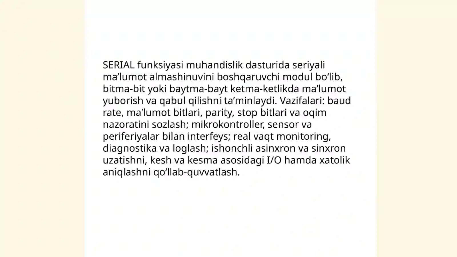 Muhandislik dasturi "SERIAL"FUNKSIYASI VA SERIAL PORT HAQIDA TUSHUNCHA 3