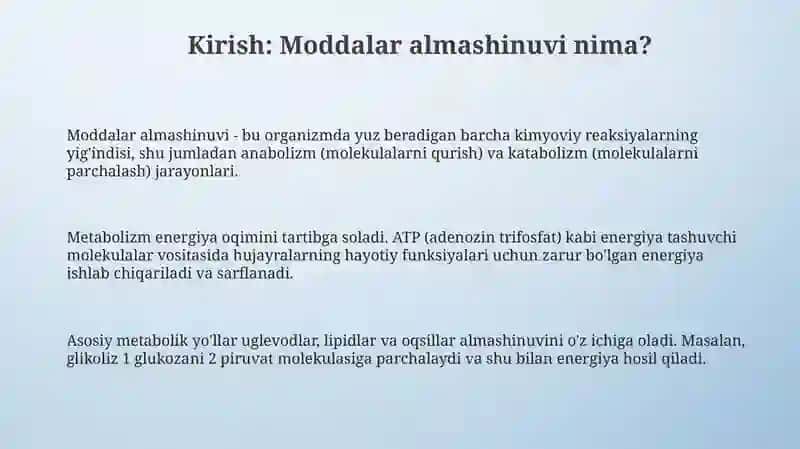 Middalar almashinuviga kirish. Ovqatlanish biokimyosi 3
