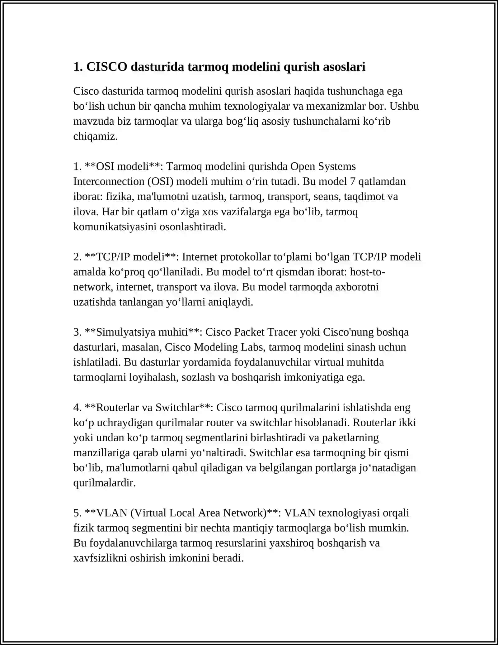 "KOSONSOYLIKLAR MASSMEDIA " MCHJ NING INTERNET TARMOGʻINI CISCO DASTURIDA MODELINI QURISH 3
