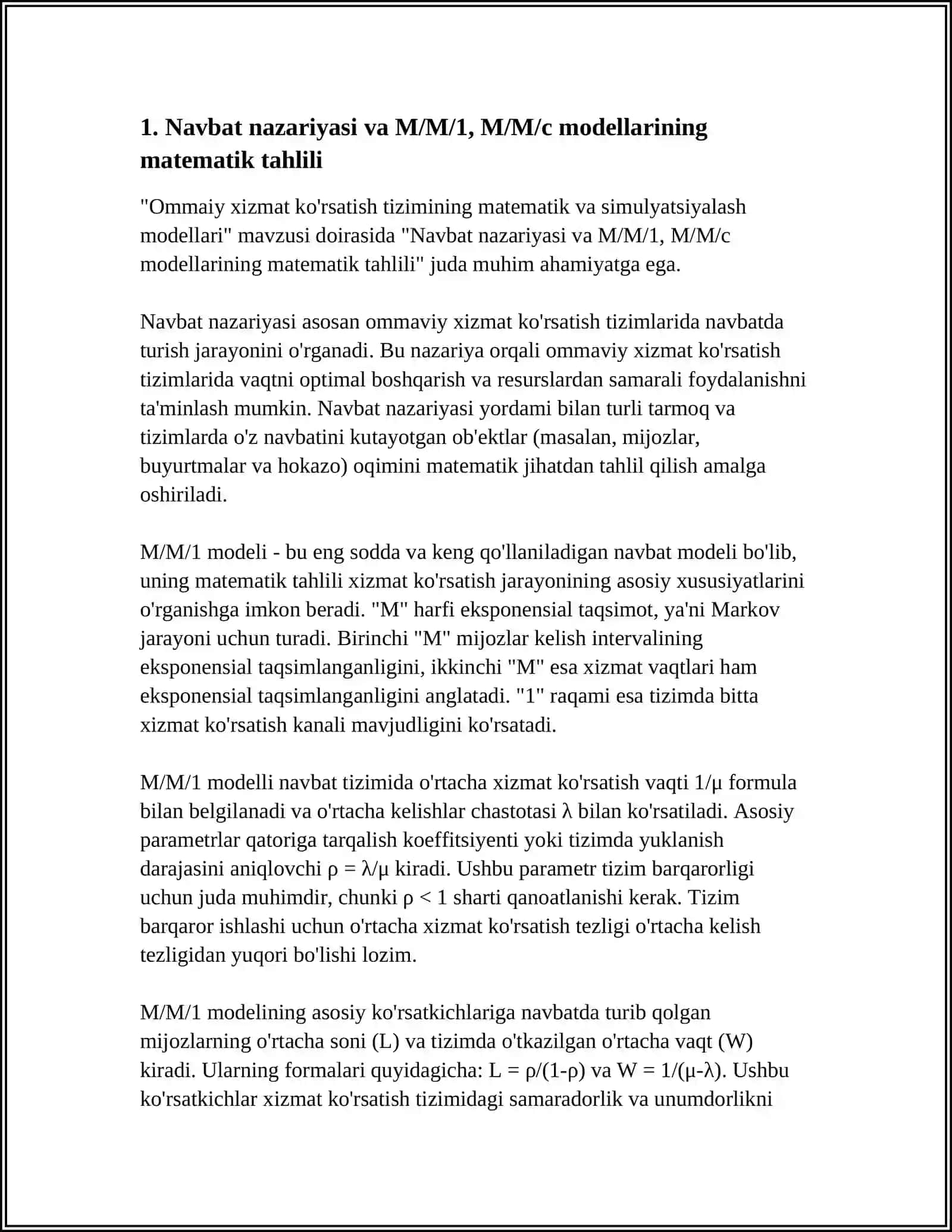 OMMAVIY XIZMAT KO'RSATISH TIZIMINING MATEMATIK VA SIMULYATSIYALASH MODELLARI 3