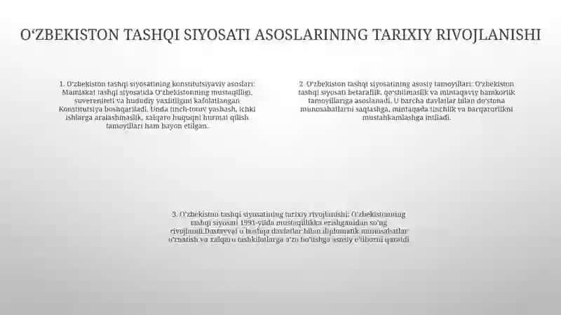 O'Zbekiston Respublikasi Tashqi Siyosatning Konstitutsiyaviy Asoslari Va Uning Asosiy Prinsiplari 3
