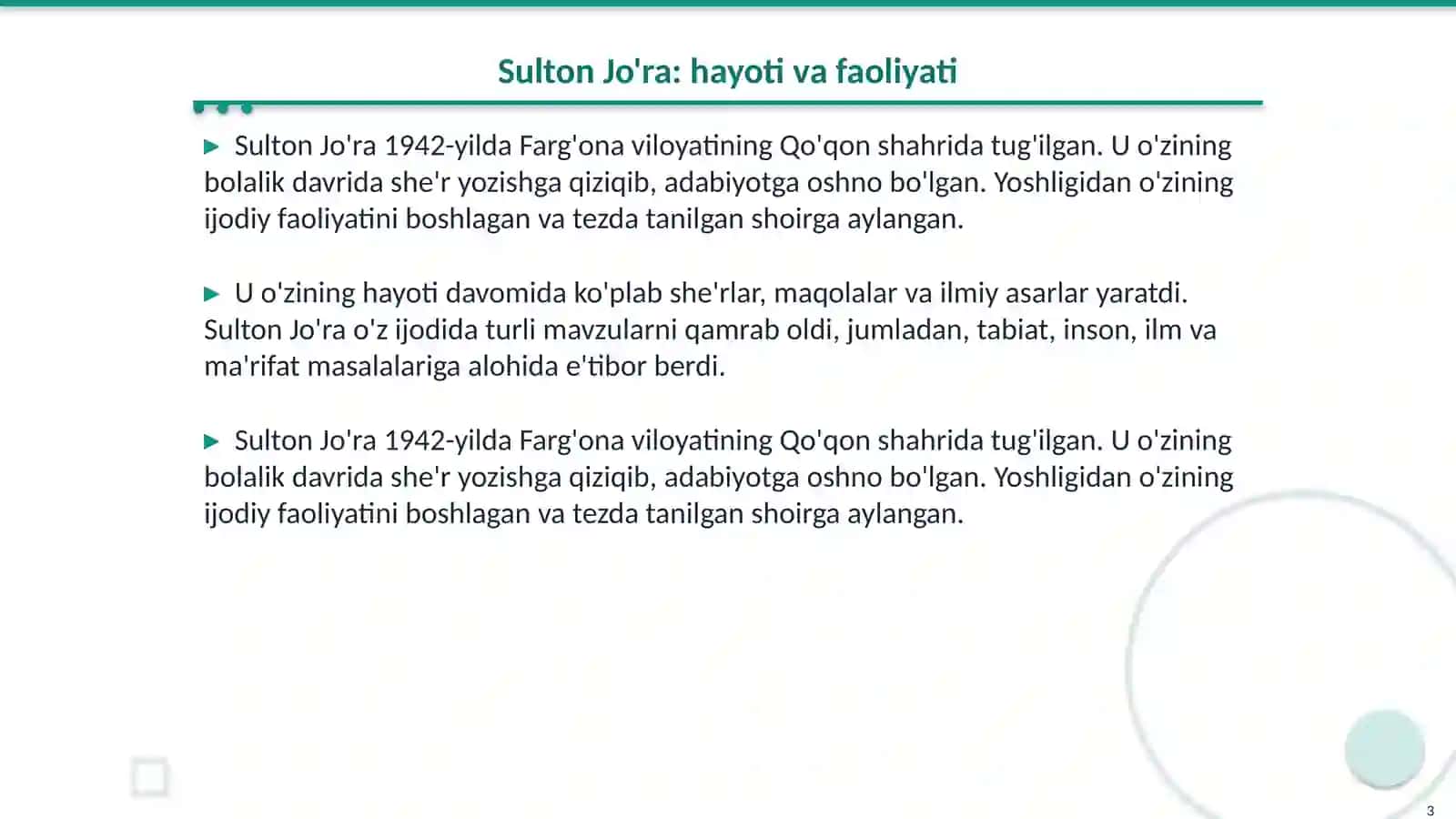 Sulton Jo'raning hayoti va ijodi. Shoirning ilmiy-ommabop mavzulardagi she'rlarida ifodalangan g'oyalar 3