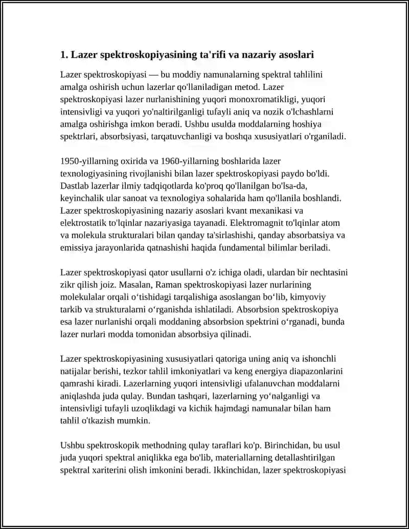 LAZER SPEKTRASKOPIYASI KELIB CHIQISHI TARIXI QOLLANILISHI XUSUSIYATLARI TUZULISHI AVZALLIKLARI 3