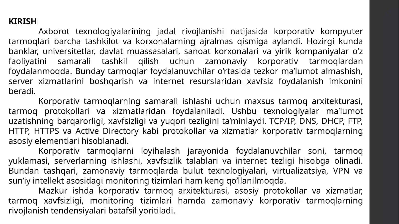 Namunaviy korporativ tarmoq uchun asosiy tarmoq protokollari va xizmatlari to‘plami 3