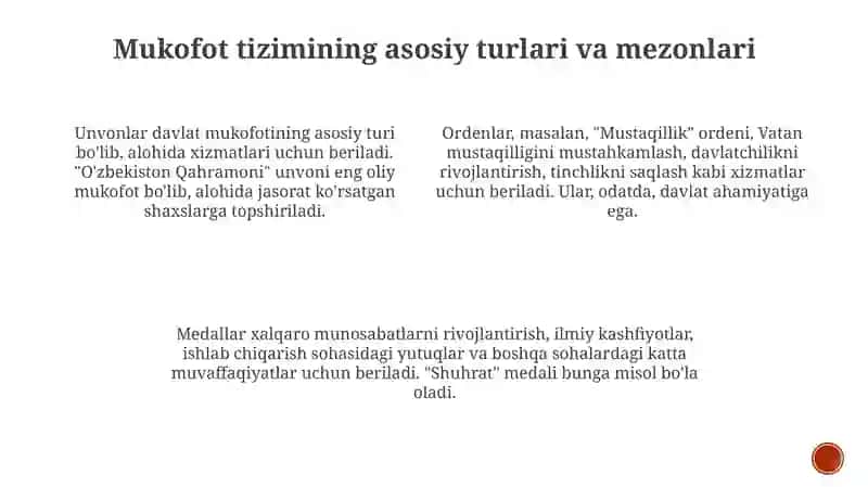 O'zbekiston Respublikasining mukofat tizimi 3