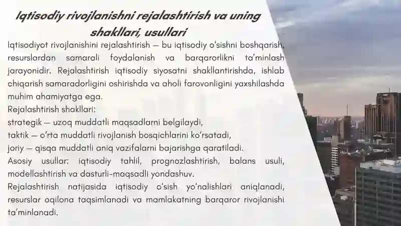 IJTIMOIY-IQTISODIY RIVOJLANISH DASTURLASH PROGNOZLASHTIRISH VA REJALASHTIRISH 3
