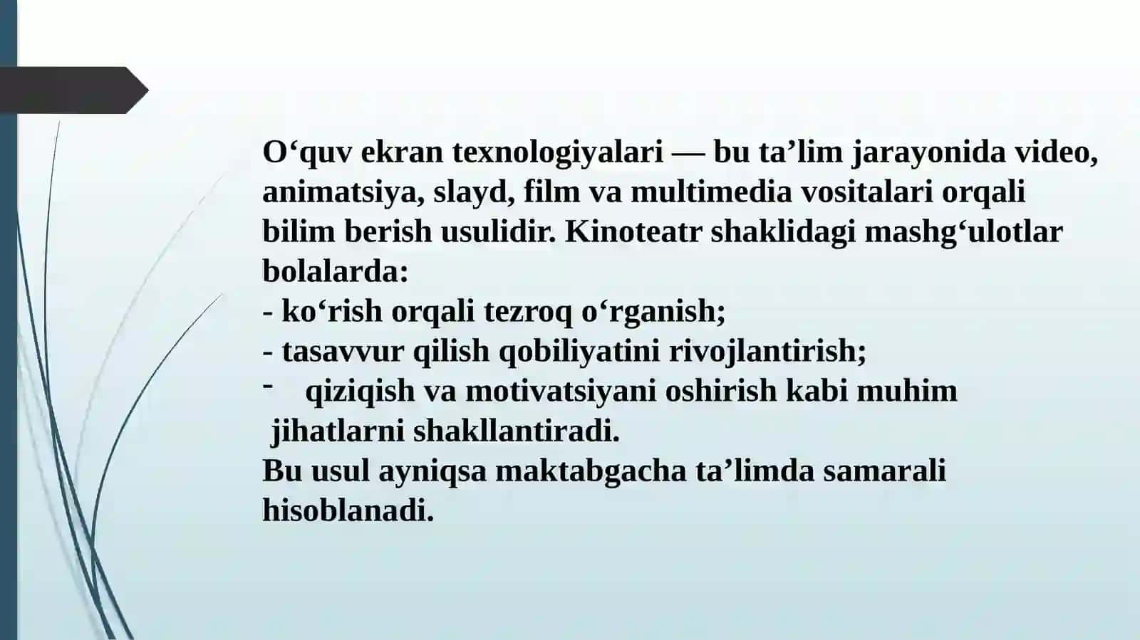 O‘quv ekranida namoyish etiladigan kinoteatrlar yordamida mashg‘ulotlar tashkil etish 3