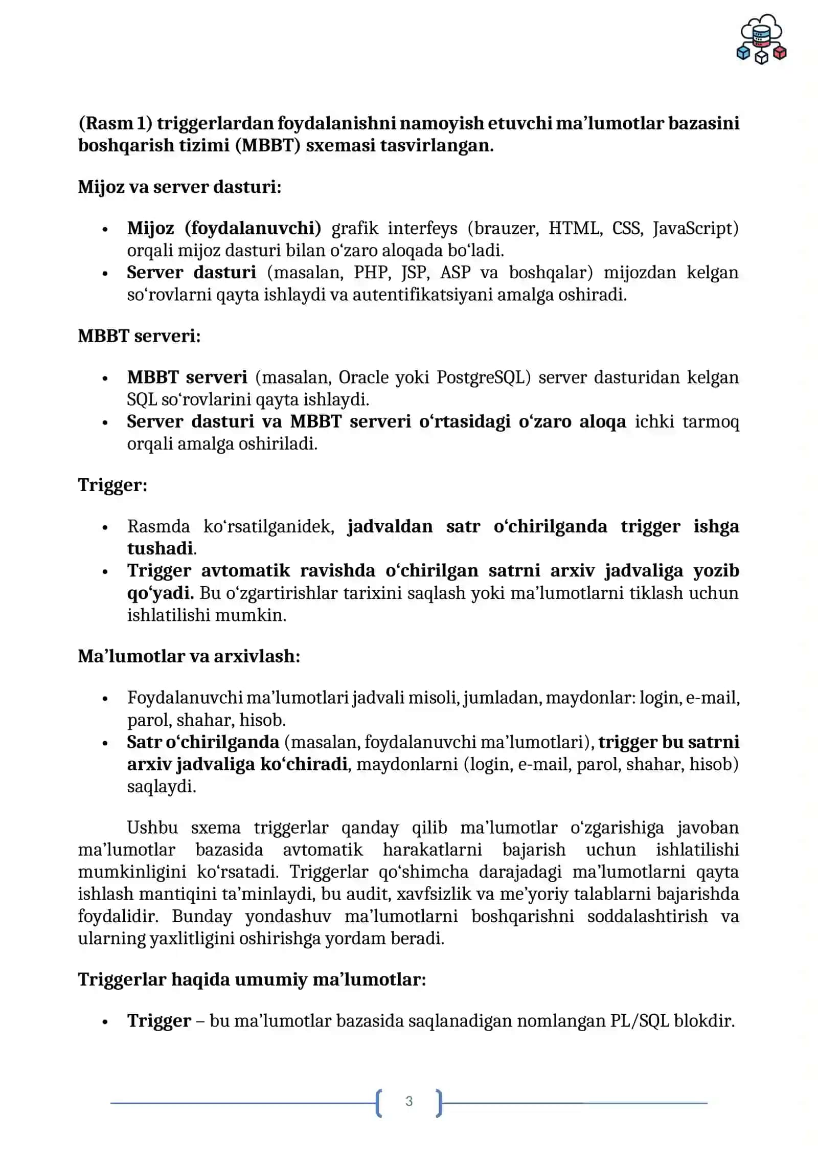 SXEMAGA TEGISHLI OBYEKTLAR. SAQLANGAN PROTSEDURALAR VA FUNKSIYALAR 3