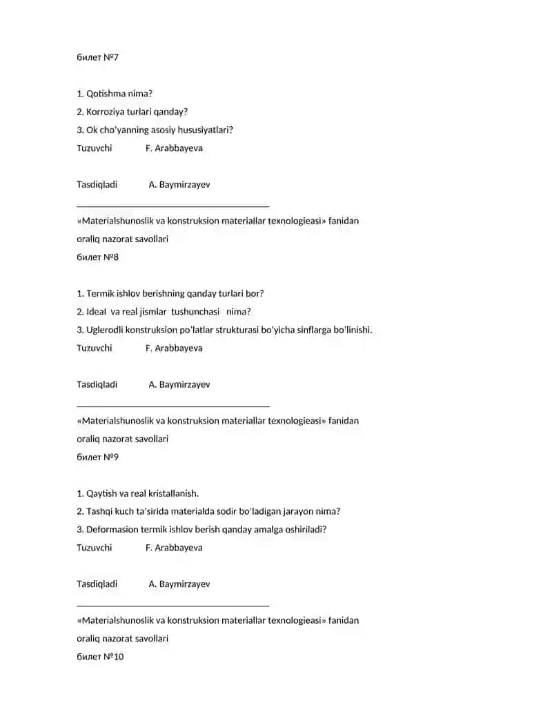 Materialshunoslik va konstruksion materiallar texnologieasi fanidan oraliq nazorat savollari 3