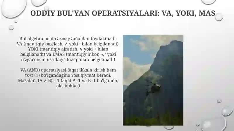 Mantiq algebrasida oddiy operatsiyalar va munosabatlar 3