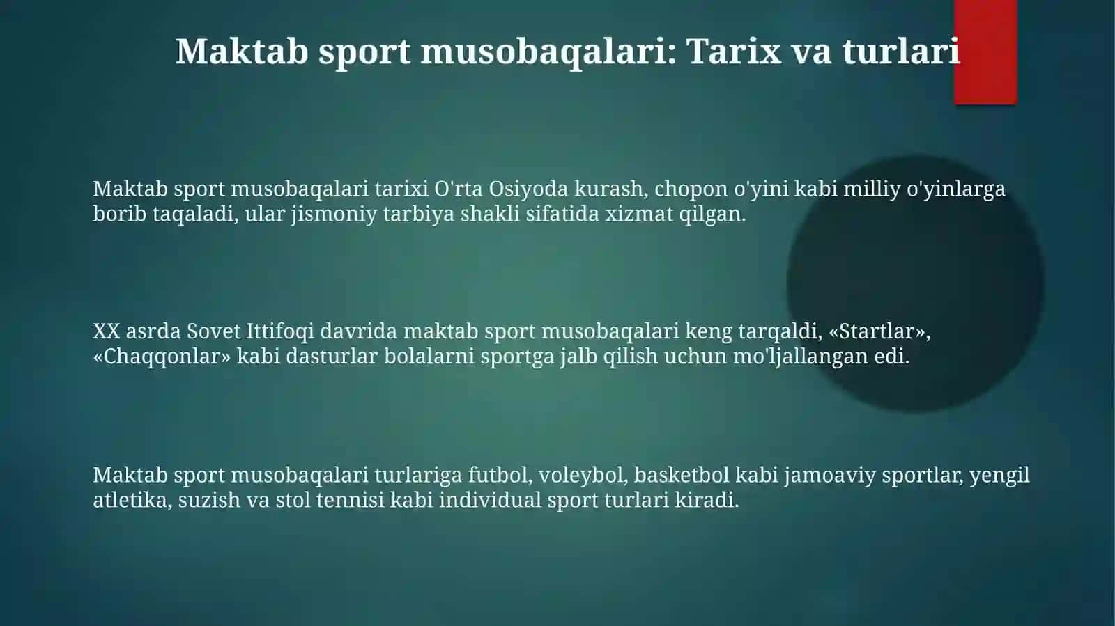 Maktab sport musobaqalari sinfdan tashqari ishlarning ommaviy shakli sifatida 3
