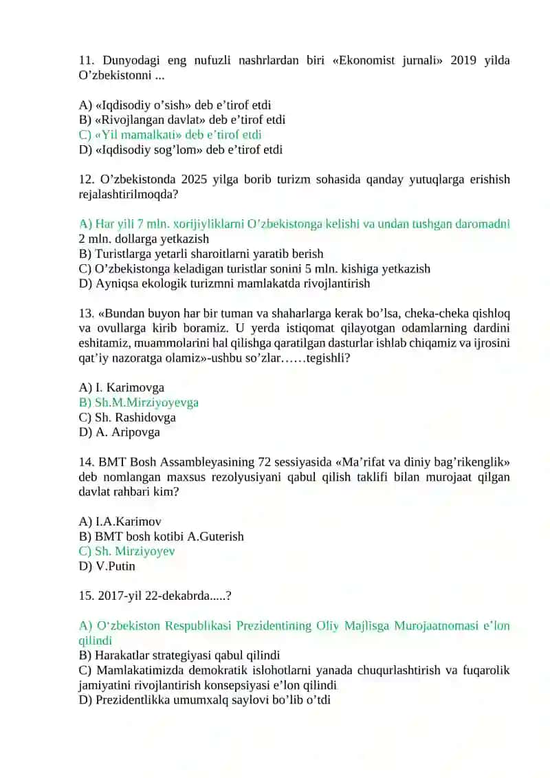 Yangi O‘zbekistonda amalga oshirilayotgan islohotlar. Test savollari. 3
