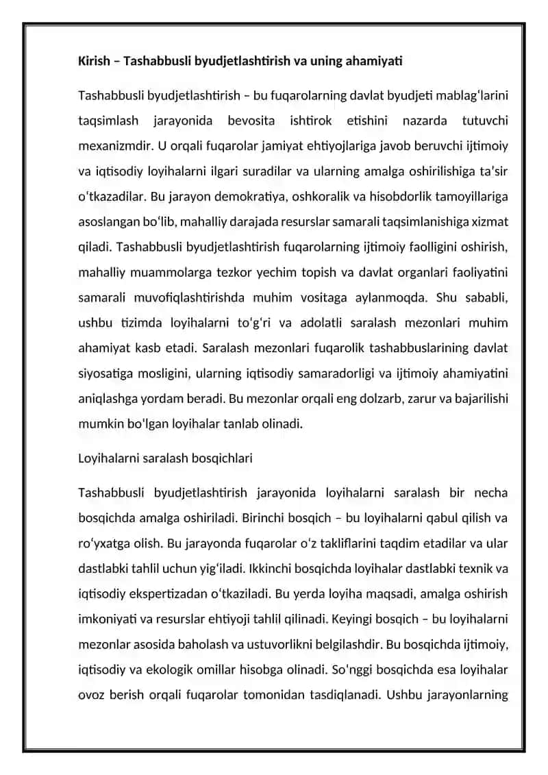 Tashabbusli byudjetlashtirish jarayonida  loyihalarni saralash mezonlari. 3