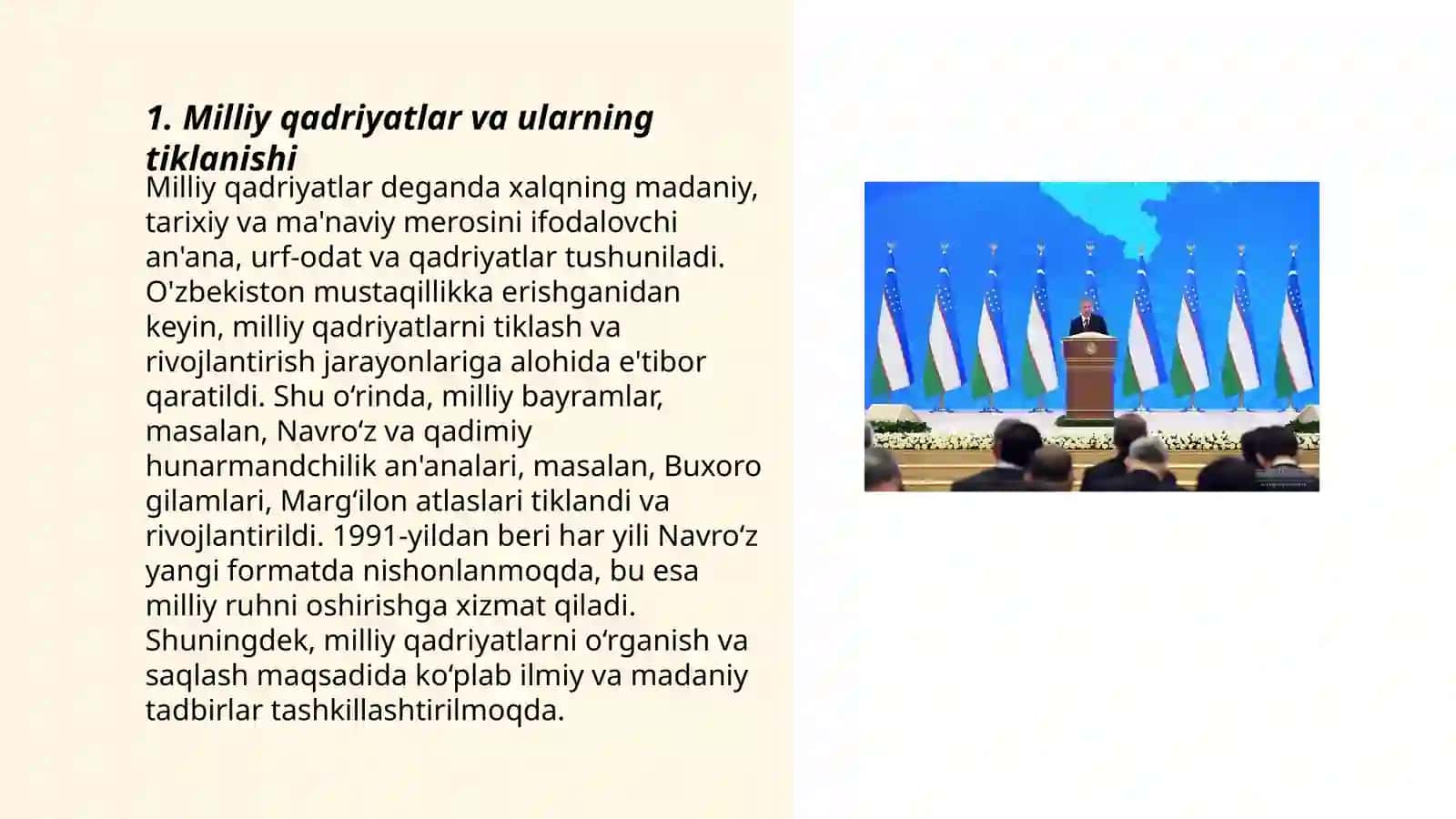 Oʻzbekistonda Milliy qadriyatlar va tarixni tiklash borasida amlaga oshirilayotgan islohotlar mazmuni 3