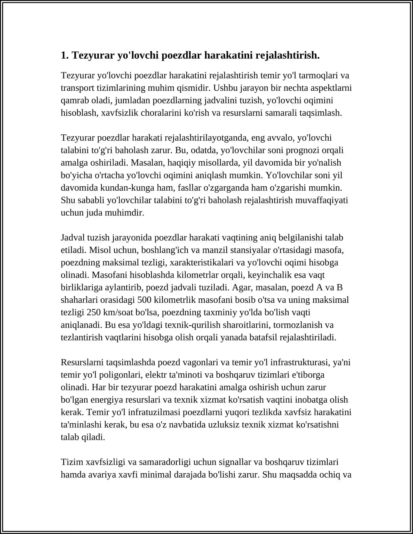 TEZYURAR YOʻLOVCHI POEZDLARNING MOMILADA BOʻLISH UCHASTKALARDA HARAKATNI TASHKIL ETISH 3