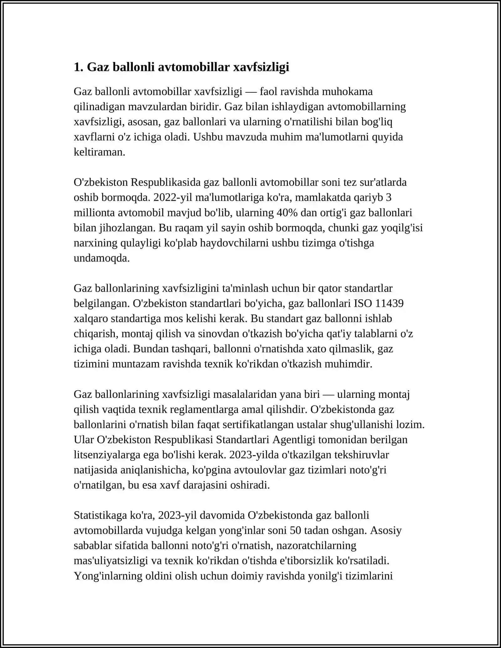 GAZ BALONLI AVTOMOBILARNINH O'TAG'ONLIGI MANYORCHALIGIGA TASIRI 3