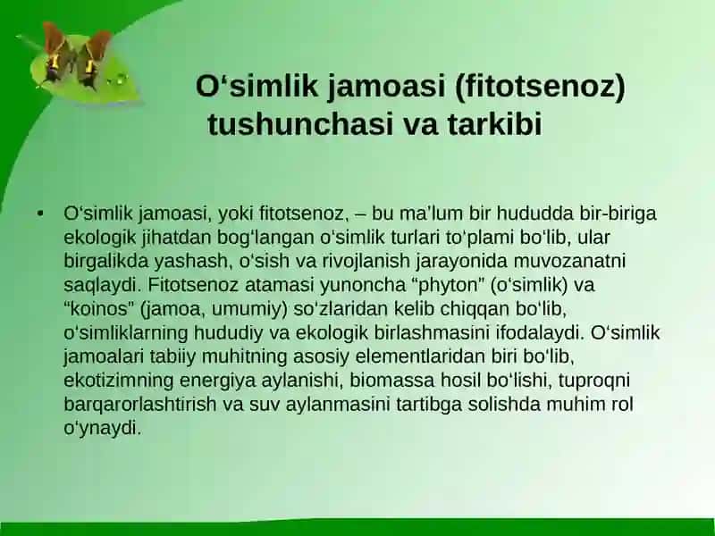 O ‘simlik jamoasi (fitotsenoz). Oʻsimliklar qoplami klassifikatsiyasi  va oʻsimlik zoʻnalari 3