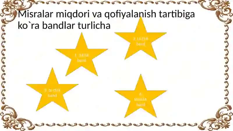 Bandning turlari. Ikkilik band. Uchlik band. To`rtlik band. Beshlik, oltilik, yettilik, sakkizlik, to`qqizlik va o`nlik bandlar. 3