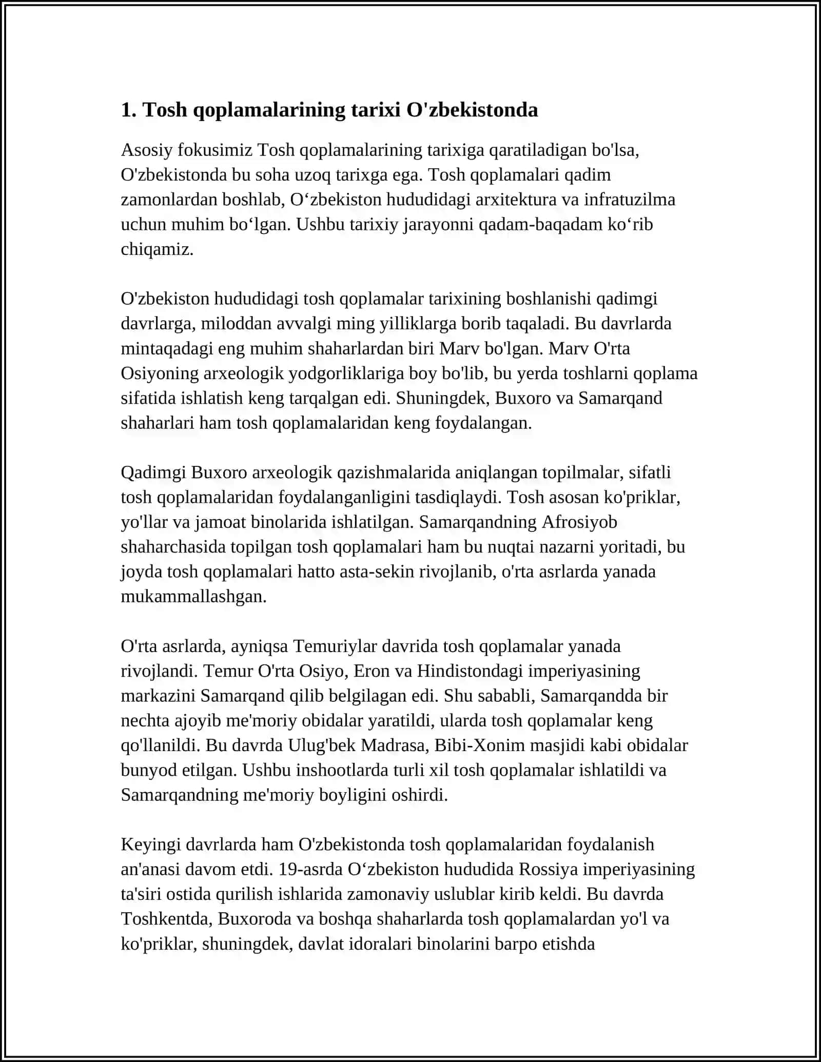 O'ZBEKISTONDA TOSH QOPLAMALAR KONSTRUKSIYALARINING RIVOJLANISHI. RESPUBLIKAMIZDA YO'LLARNI LOYIHALASH USULLARINI RIVOJLANTIRISH 3