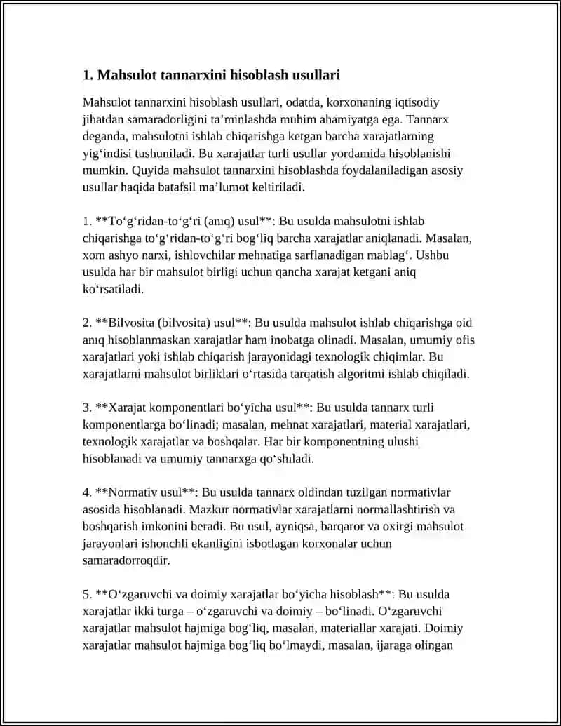 Mahsulot tannarxi, foydasi va samaradorligi 3