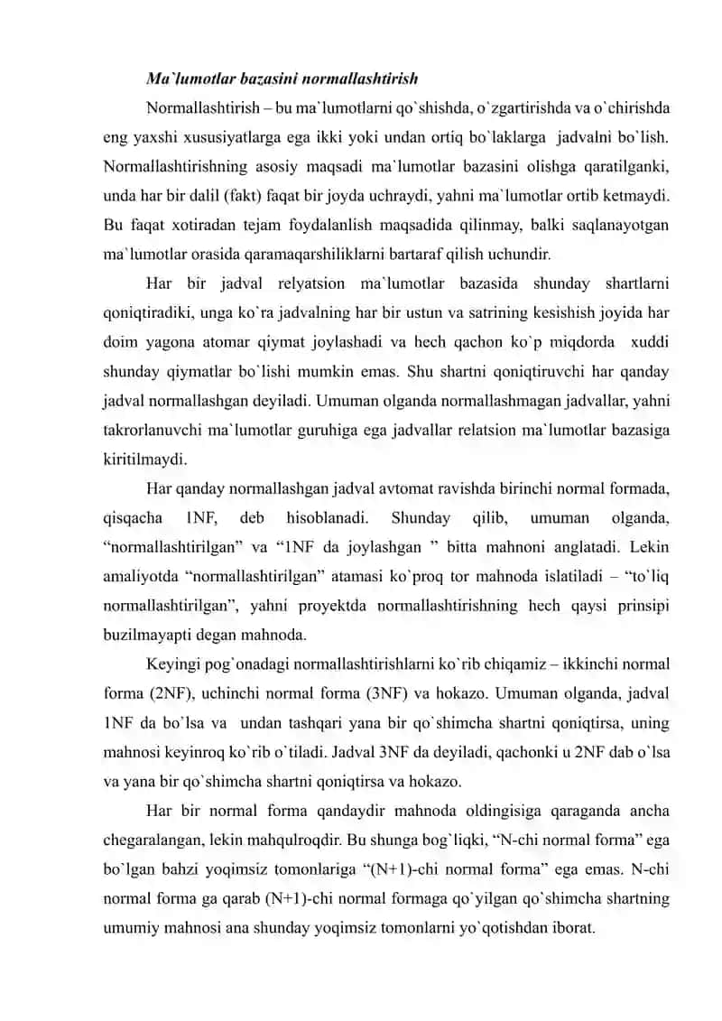 Ma’lumotlar bazasini normallashtirish. Normal formalar 1NF, 2NF, 3NF va Kodd 3