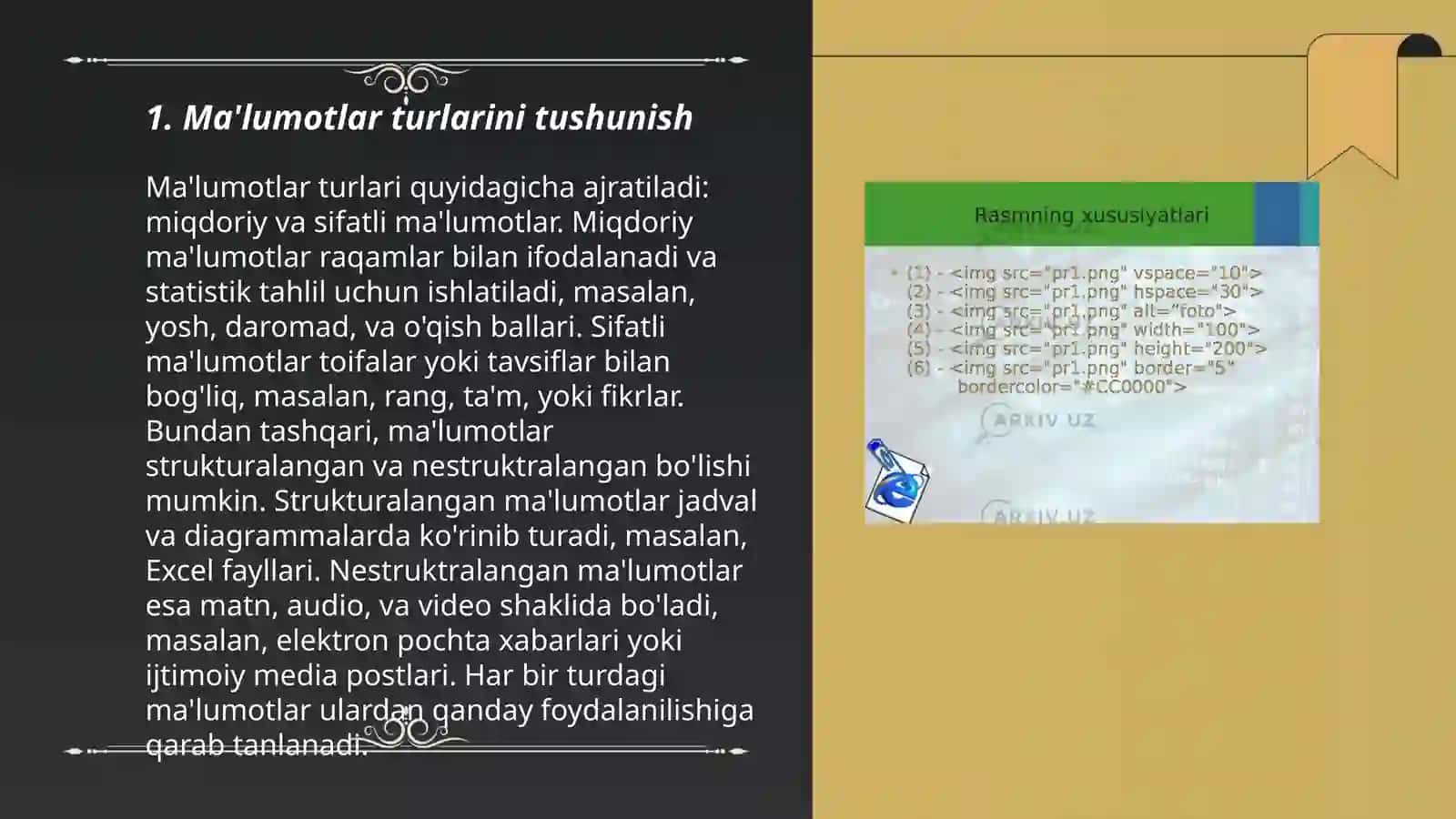 Ma’lumotlar, algoritmlar va ma’lumotlar tuzilmasi tushunchalari. Xolmamatova Lobar 3
