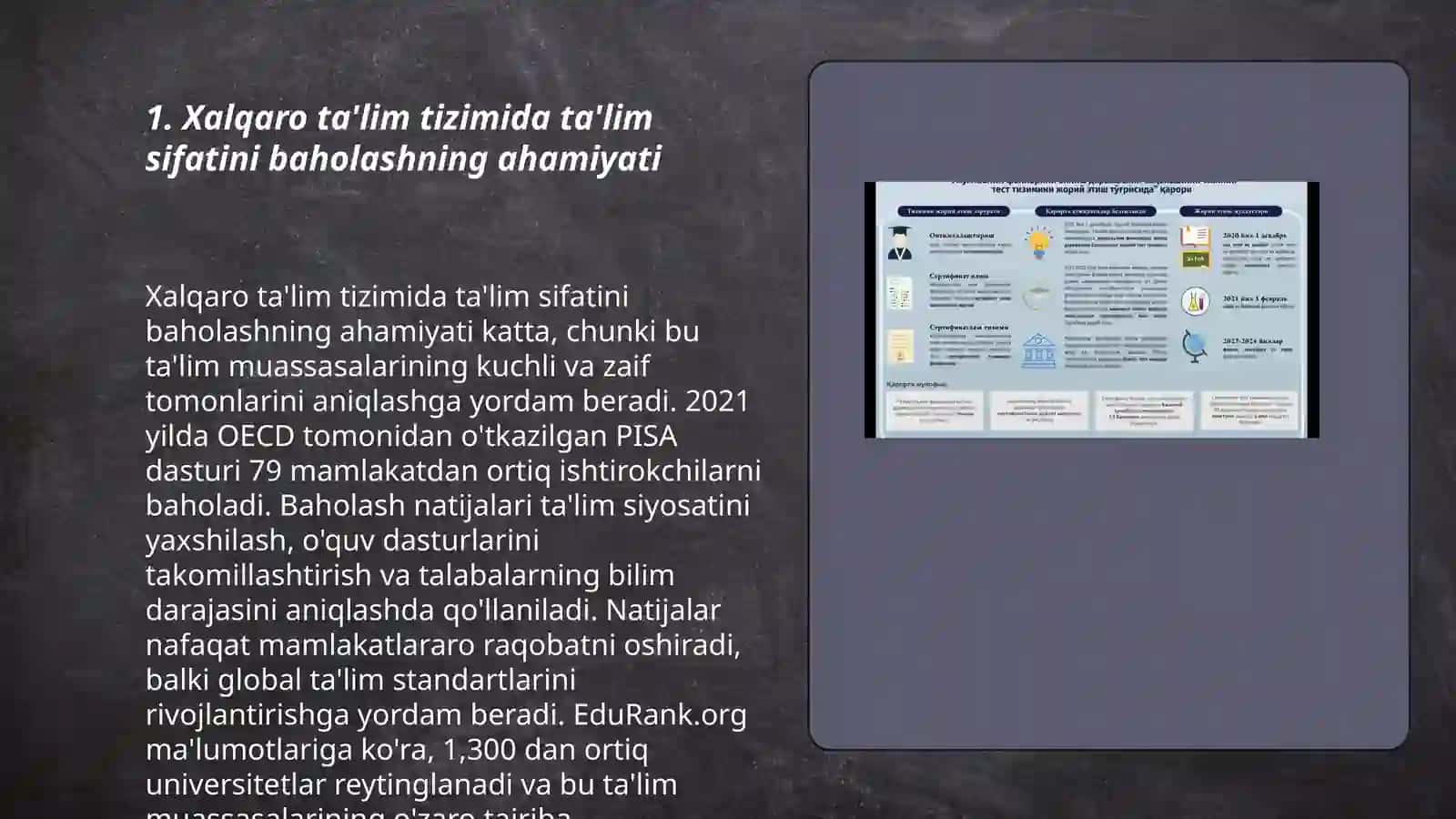 Xalqaro ta'lim tizimida ta'lim sjfatini baholash bo'yicha xalqaro tadqiqotlarni (Pisa Timss Pirls Talis)joriy etishning me'yoriy huquqiy asoslari asosiy maqsadlarva chora tadbirlar 3
