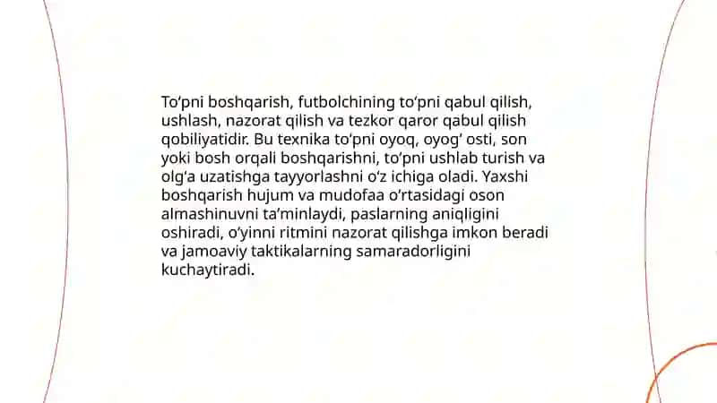 Futbol oʻyinida toʻpni boshqarish texnikasai 3