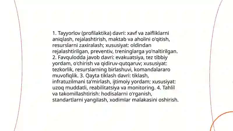 Favqulodda vaziyatlarning turli davrlarida Fuqaro muhofazasi faoliyatining xususiyatlari.Fuqaro muhofazasining asosiy tashkiliy tamoyillari.Davolash-profilaktika muassasalarida sodir boʻlishi mumkin boʻlgan texnogen va ijtimoiy Favqulodda vaziyatlarni tahlil qilish 3
