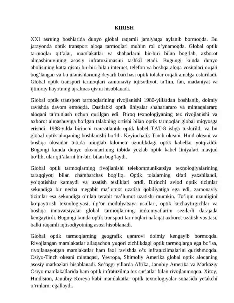 Globallashgan optik transport aloqa tarmoqlarining rivojlanishi, istiqbollari va ularga O’zbekiston 3