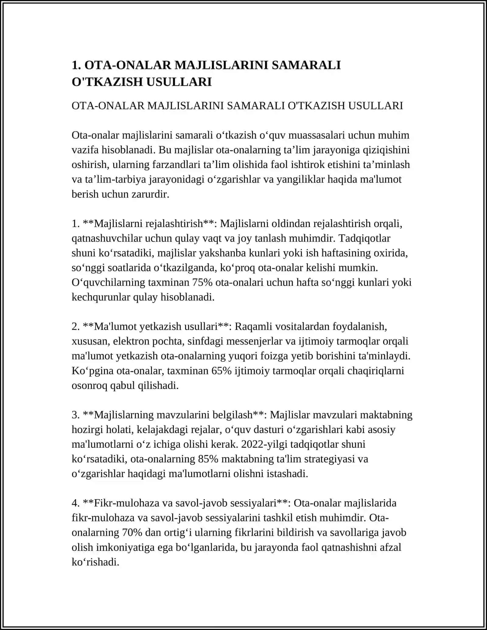 OTA-ONALAR BILAN GURUH VA UMUMIY MAJLISLAR, SAVOL-JAVOB KECHALARI, ANJUMANLAR O‘TKAZISH 3