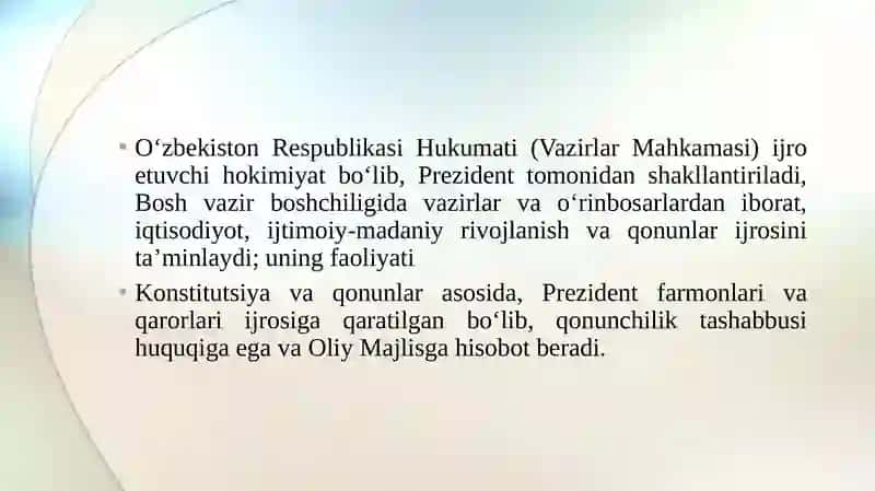O'zbekiston Respublikasi hukumatini tashkil etish tartibi, uning tarkibi va faoliyatini amalga oshirish tartibi 3