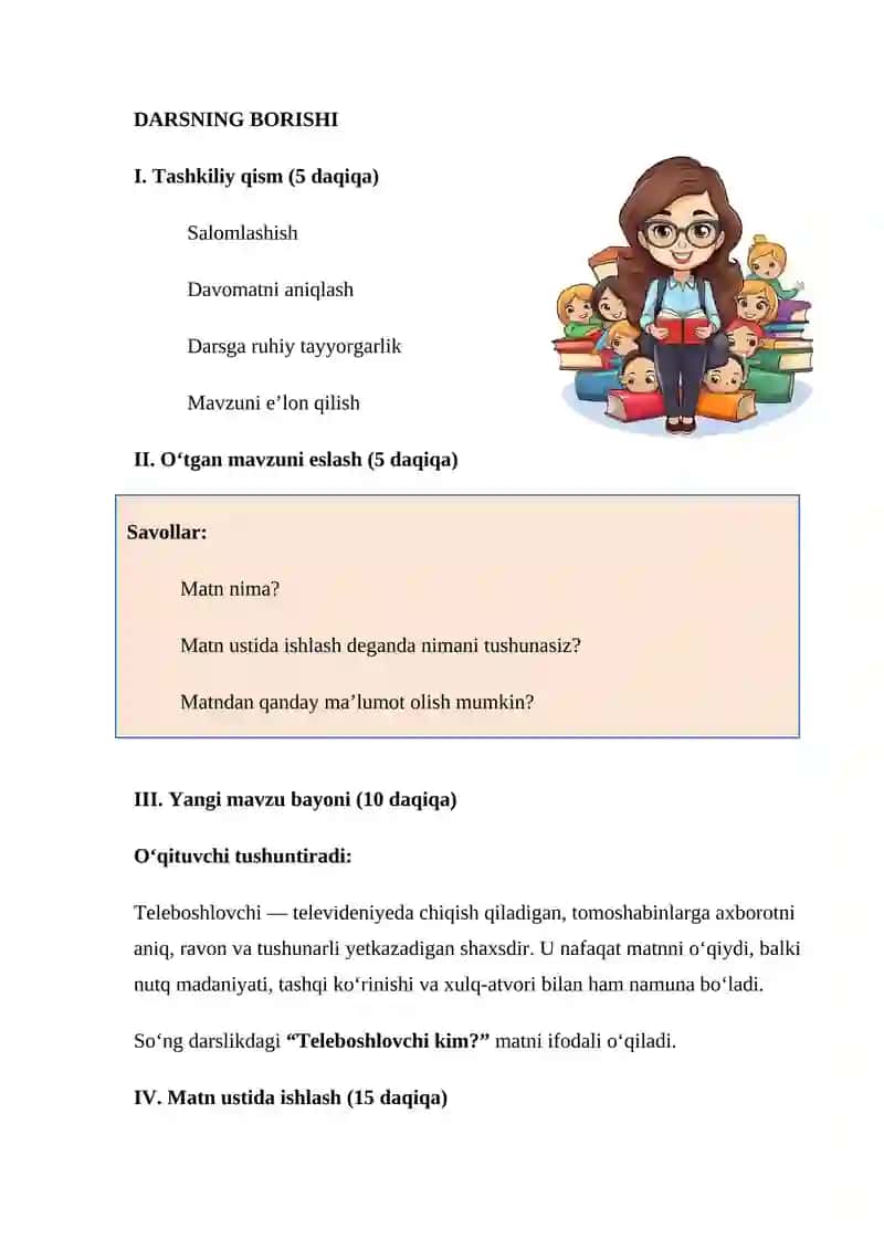 DARS ISHLANMA      Teleboshlovchi kim? Matni ustida ishlash   Fan: Ona tili Sinf: 6-sinf  6-sinf Ona tili darsligi 3