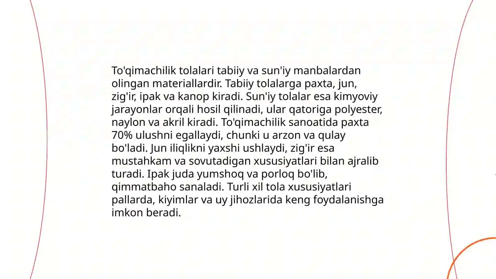 To'qimachilik tolalarni sinflanishi va tabiiy va kimyoviy tolalarni oʻrganish 3