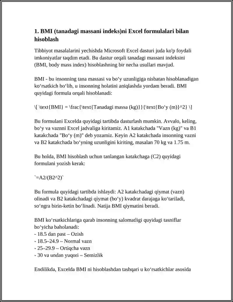 TIBBIYOT MASALALARINI YECHISHDA MIKROSOFT EXCEL DA FORMULALARDA ISHLASH 3
