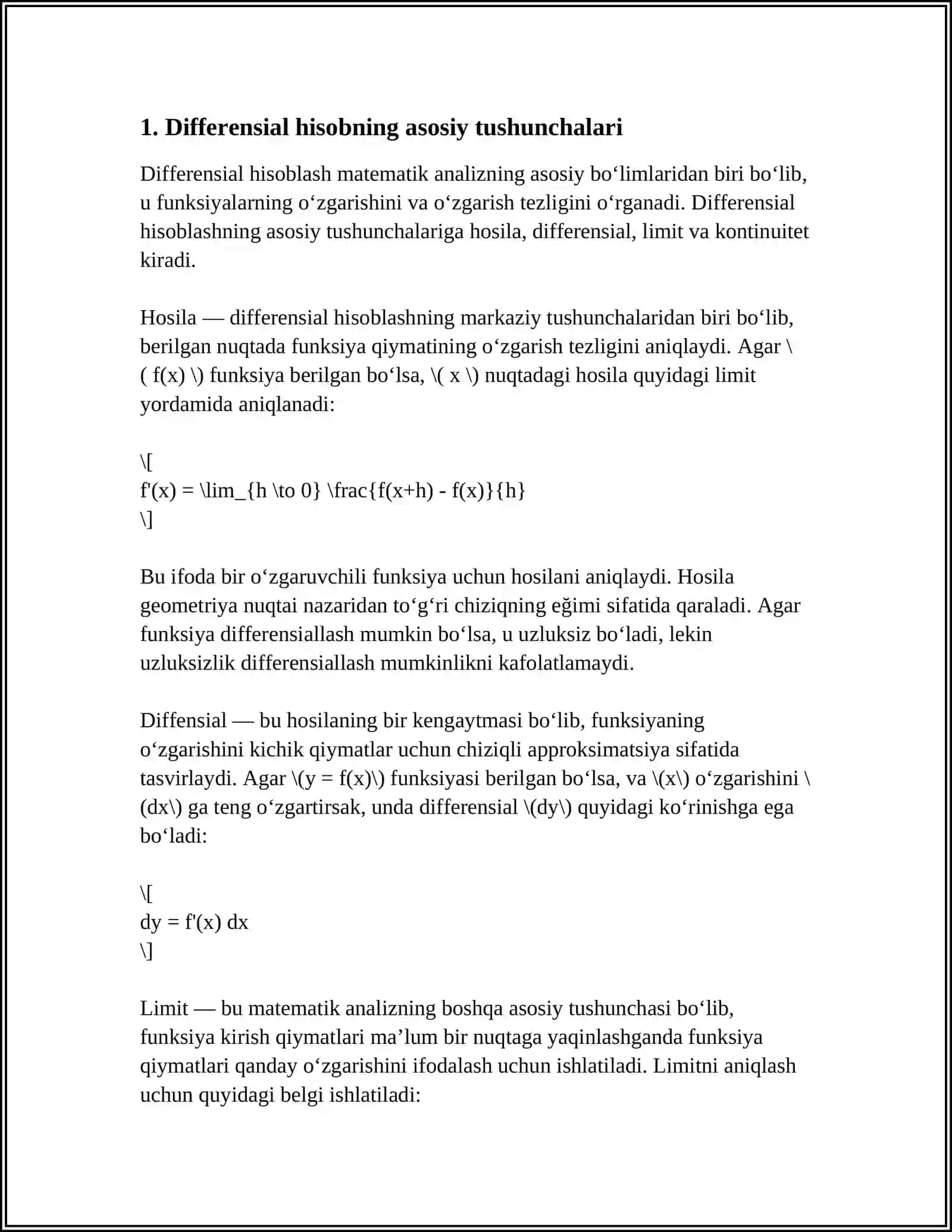 MUHAMMAD AL-XORAZMIY NOMIDAGI TOSHKENT AXBOROT TEXNOLOGIYALARI UNIVERSITETI NUKUS FILIALI.MAVZUSI.MOLIYAVIY TABLILDA DEFFIRINSIAL HISOB TATBIQLARI.1 KURS 3