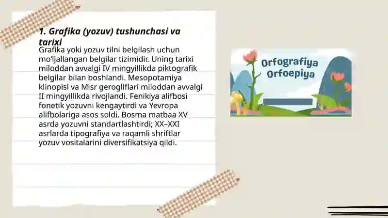 Grafika.Orfografiya va Orfoepiya.Ona tili loʻgʻat tarkibining mano jihatdan tavsiflanishi 3