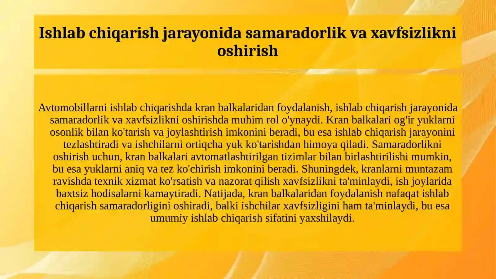 Avtomobillarni ishlab chiqarishda kran balkalaridan foydalanish 3
