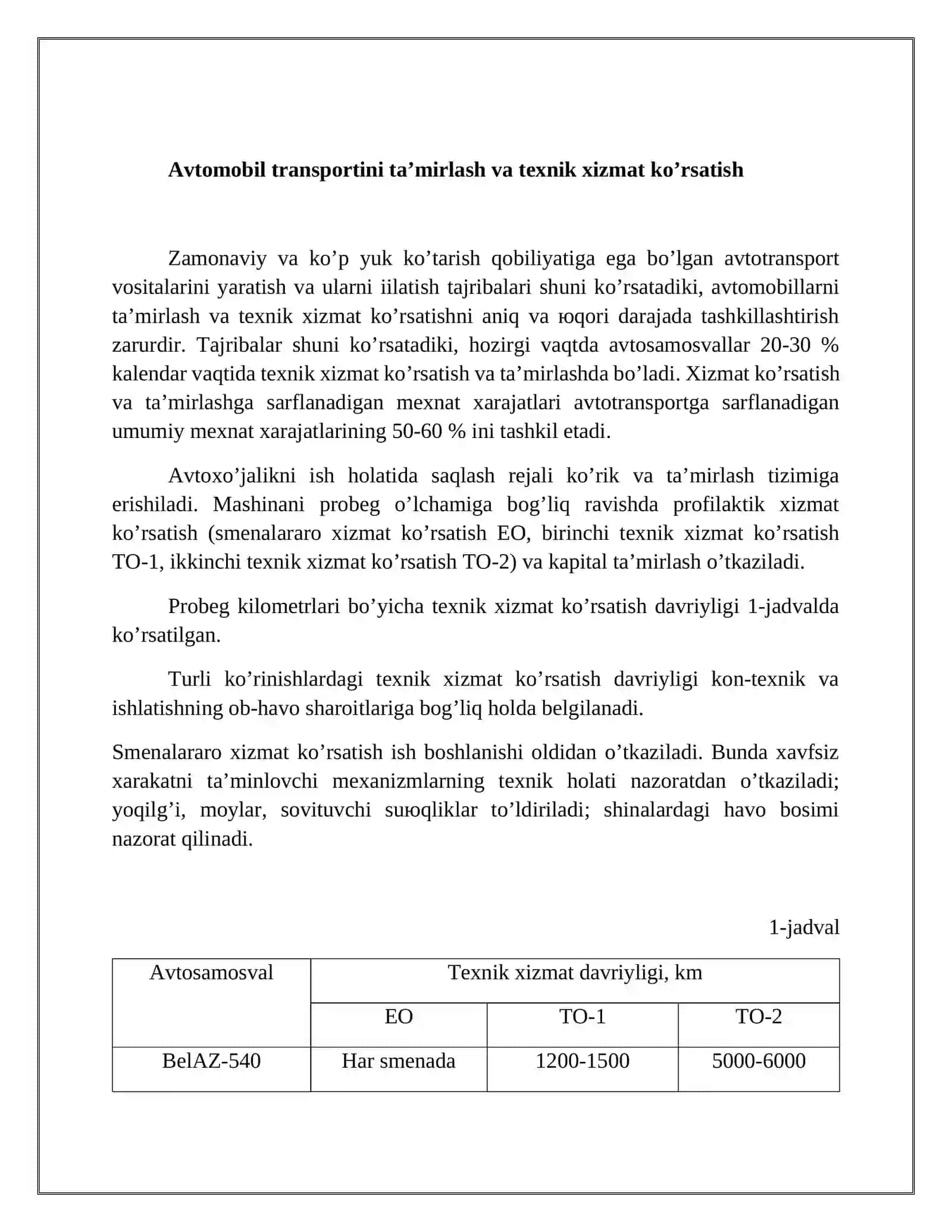 Karyer avtоmоbil transpоrtini ishlatish, ta’mirlash va ularga tехnik хizmat ko’rsatish 3