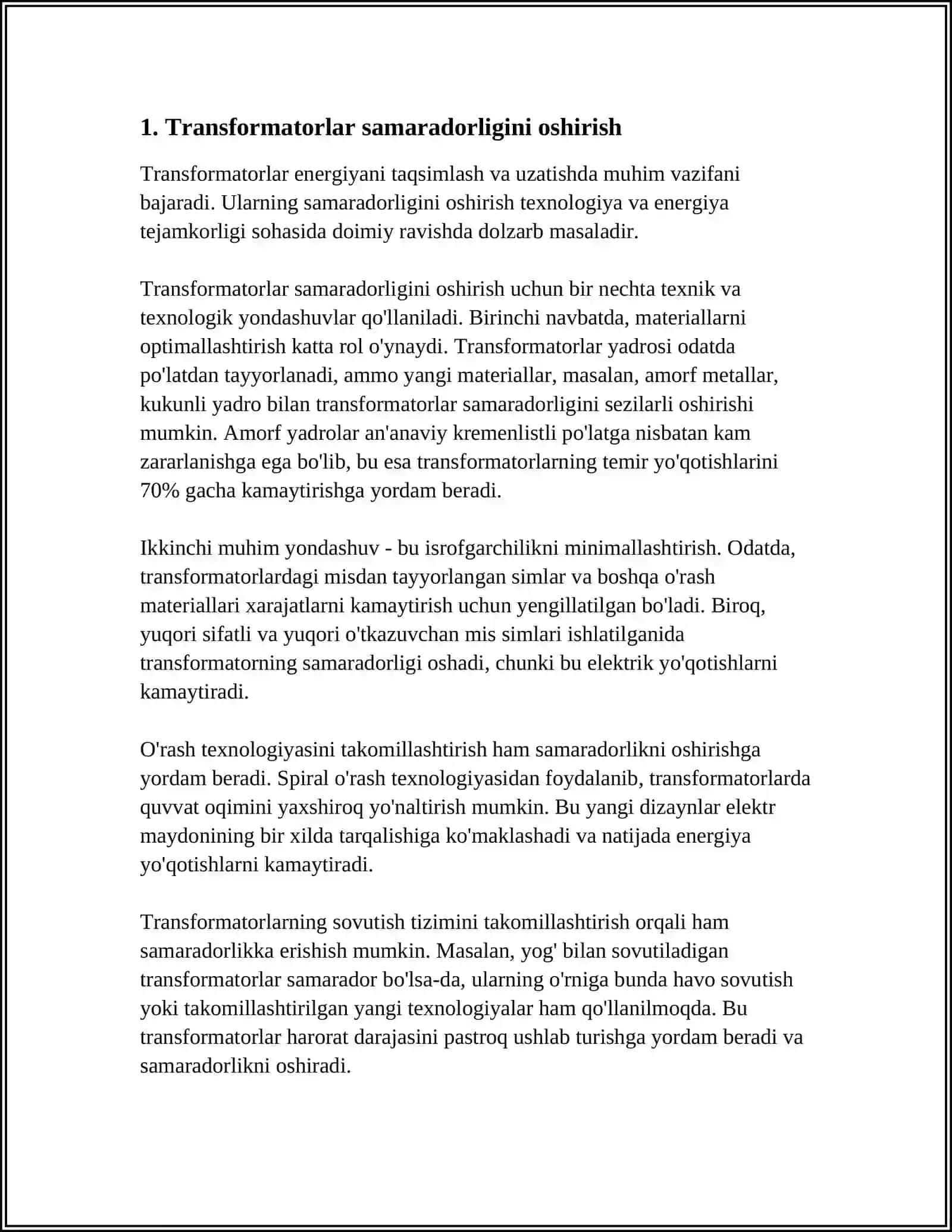 TRANSFORMATORLARNI YUKLAMA MARKAZIGA O'RNATISH ORQALI ENERGIYA ISROFINI KAMAYTIRISH 3