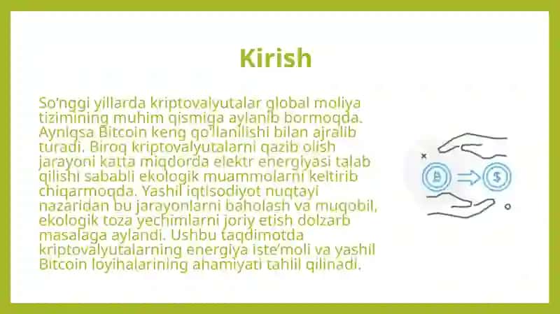Kriptovalyutalarning energiya iste’moli yashil Bitcoin loyihalarining bahosi 3