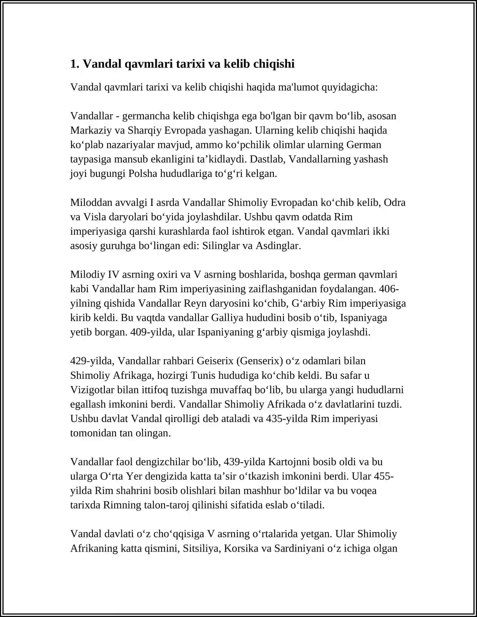 VANDAL QIROLLIGI: TASHAKKUL TOPISHI VA TARAQQIYOTI (429/439-534 YY) 3