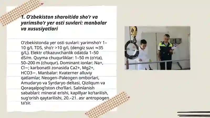 Oʻzbekiston sharoitida shoʻr suvlardan chuchuk suvlar olish texnalogiyasi 3