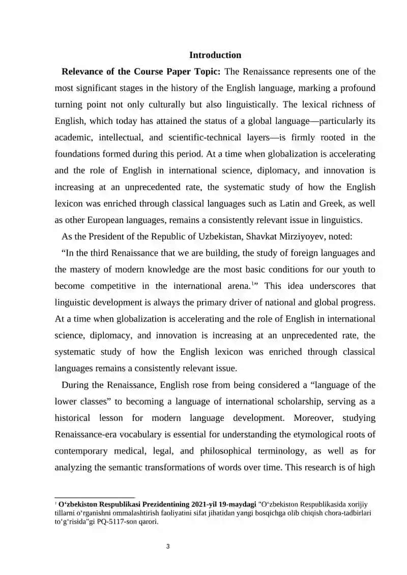 The Renaissance influence on th English vocabulary                      Course Work on The Renaissance influence on the English vocabulary 3