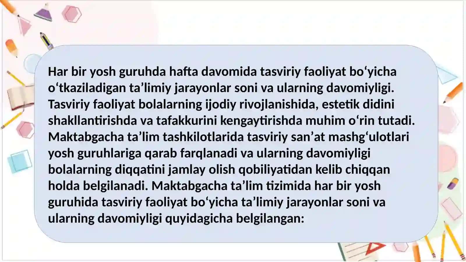 “ILK QADAM” DASTURI ASOSIDA TASVIRIY FAOLIYAT ISHLARINI REJALASHTIRISH 3