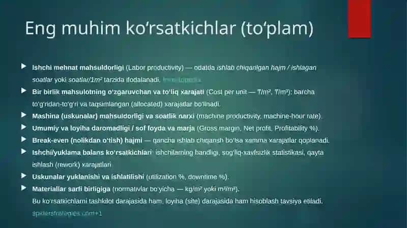 Qurilish tashkiloti faoliyatining texnik-iqtisodiy kursatkichlarini xisoblash 3