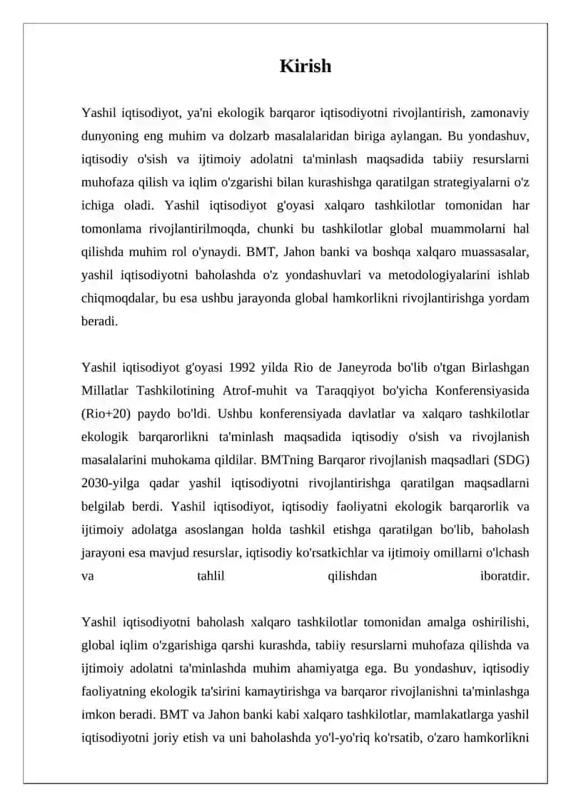 Yashil iqtisodiyotni baxolashning xalqaro tashkilotlar yondashuvi 3