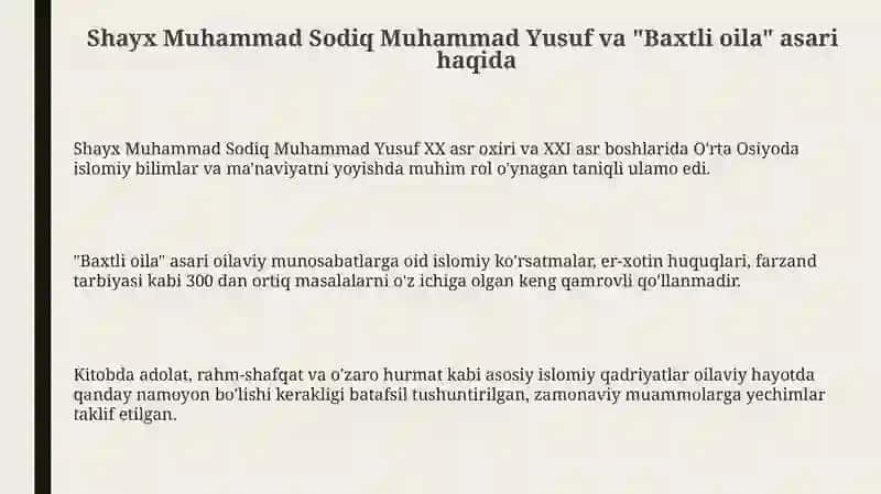 Shayx muhammad sodiq muhammad yusufning " baxtiyor oila" asarida islom qadriyatlari 3