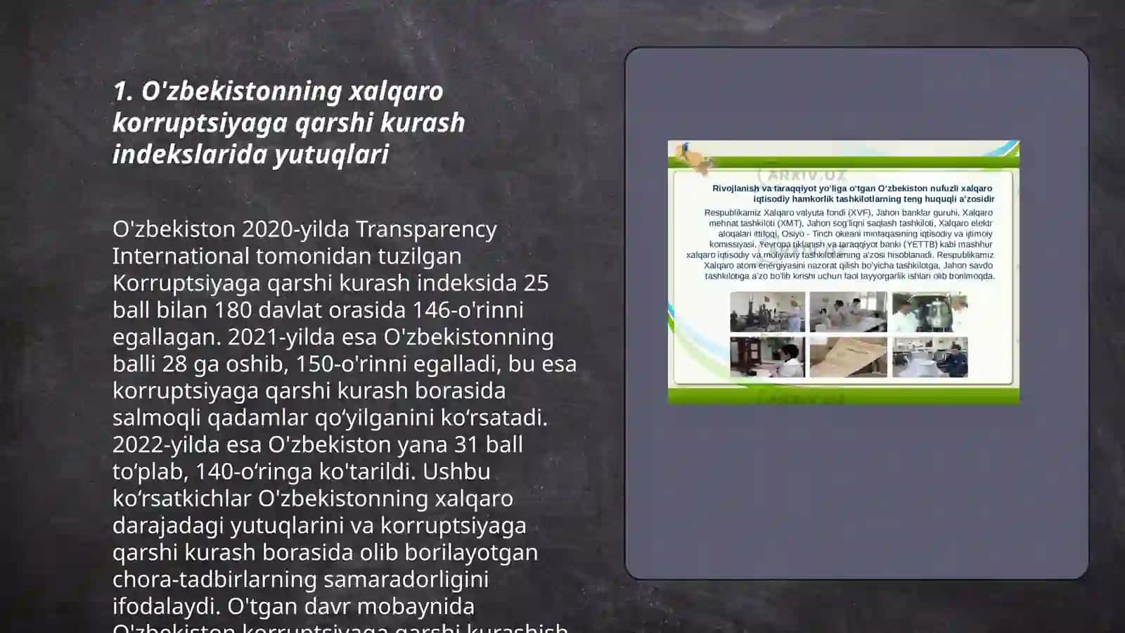 O'zbekistonning xalqaro korruptsiyaga qarshi kurash indekslarida yutuqlari 3